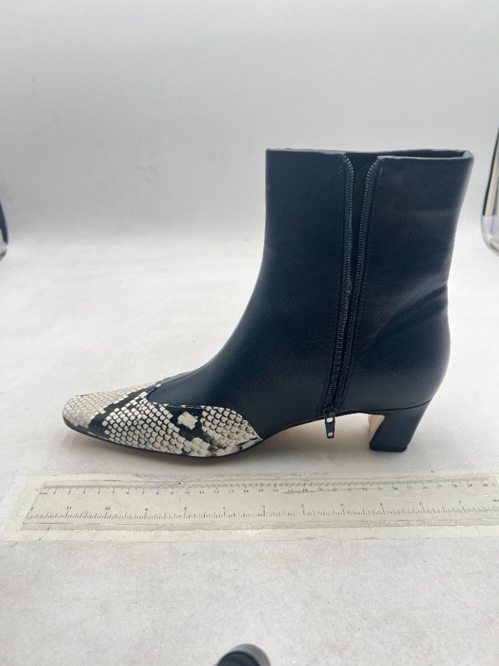 Black Snakeskin Ankle Boots Chunky Heel Square Toe Short Booties Side Zipper